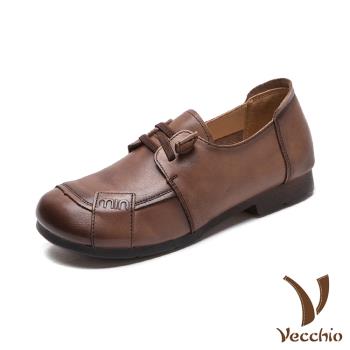 【VECCHIO】全真皮懶人休閒便鞋/全真皮頭層牛皮復古懶人免綁帶休閒便鞋 女鞋 棕