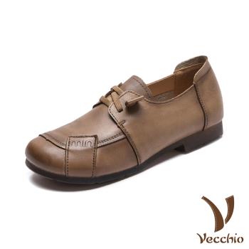 【VECCHIO】全真皮懶人休閒便鞋/全真皮頭層牛皮復古懶人免綁帶休閒便鞋 女鞋 卡其