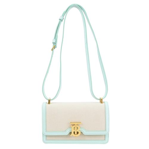 BURBERRY 8070573 TB bag 帆布皮飾邊翻蓋肩斜包.淺藍邊