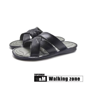 WALKING ZONE(男)SUPERMAN系列 真皮交叉帶舒適拖鞋 男鞋-黑色