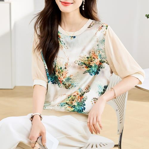 AKARA 高級緞面冰絲雪紡石頭花拼接短袖上衣(涼感 雪紡 冰絲 抗暑 防曬 美白 大碼)