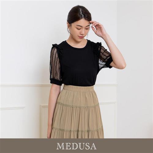 現貨【MEDUSA 曼度莎】小荷葉肩飾純黑造型上衣（M-XL）｜女休閒上衣 涼感嫘縈