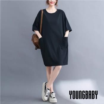 【YOUNGBABY中大碼】圓領方型口袋中長版純色長上衣洋裝．卡其/黑 中大尺碼女裝