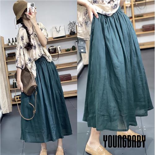 【YOUNGBABY中大碼】日系雙層縈麻A字口袋中長裙．綠/黑 中大尺碼女裝 