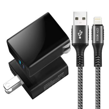 CITY 35W Gan氮化鎵Type-C(PD)+USB快充黑+勇固 USB-A to iphone(Lightning)耐彎折編織快充線-1.2米