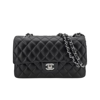 Chanel 展示品 經典雙C菱格羊皮銀鍊翻蓋coco斜背包-25cm(A01112-黑)