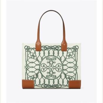 TORY BURCH 經典雙T LOGO 新款ELLA小款象牙色抽象繩索圖案上肩托特包