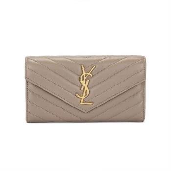 YSL 專櫃經典款 MONOGRAM系列V字縫線超柔軟Nappa小羊皮金屬LOGO釦式長夾/手拿包