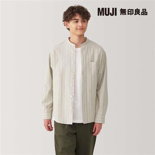 男水洗牛津布立領長袖襯衫 米色直紋【MUJI 無印良品】
