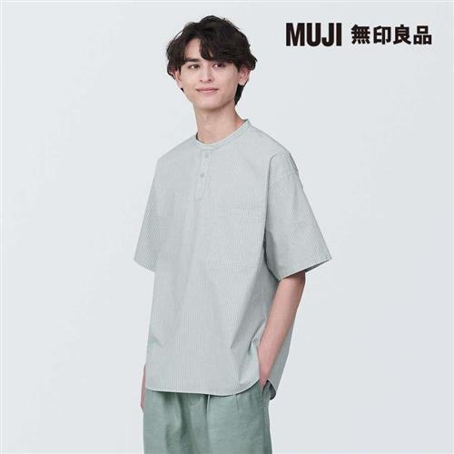 男棉混涼感亨利領布帛短袖T恤 淺綠直紋【MUJI 無印良品】