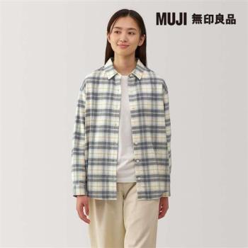 女雙面起毛法蘭絨標準領長袖襯衫 柔白格紋【MUJI 無印良品】