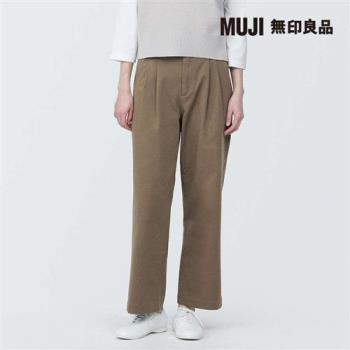 女有機棉混縱橫彈性綾織打褶寬版褲 深米【MUJI 無印良品】
