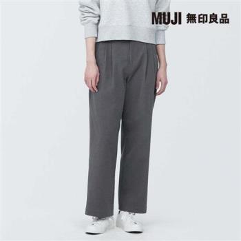 女有機棉混縱橫彈性綾織打褶寬版褲 墨灰【MUJI 無印良品】