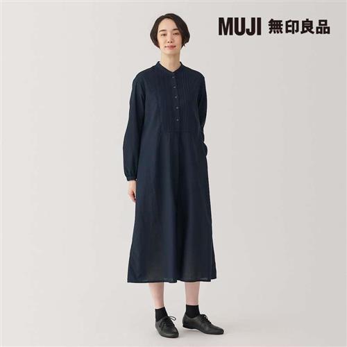 女棉薄紗長袖洋裝 暗藍【MUJI 無印良品】