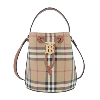 BURBERRY LolaTB金字LOGO格紋帆布束口水桶包(石楠木棕色)