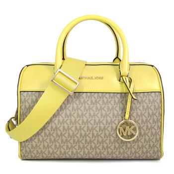 MICHAEL KORS 金字LOGO防刮拼接卡其黃色波士頓兩用包(中款)