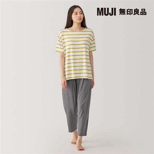 女柔滑天竺接觸冷感短袖家居睡衣 黃橫紋【MUJI 無印良品】
