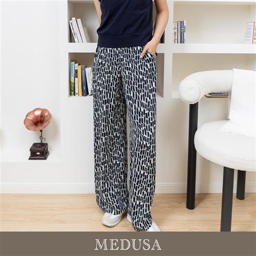 現貨【MEDUSA 曼度莎】輕薄藍色印花雪紡寬褲（M-XL）｜女長寬褲 印花長褲