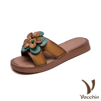 【VECCHIO】真皮復古立體花朵造型平底拖鞋/真皮頭層牛皮復古立體花朵造型平底拖鞋 女鞋 黃