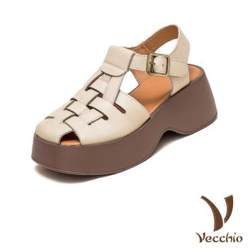 【VECCHIO】全真皮編織縷空鬆糕厚底涼鞋/全真皮頭層牛皮復古編織縷空鬆糕厚底涼鞋 女鞋 杏