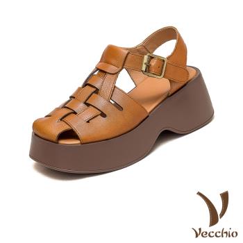 【VECCHIO】全真皮編織縷空鬆糕厚底涼鞋/全真皮頭層牛皮復古編織縷空鬆糕厚底涼鞋 女鞋 黃