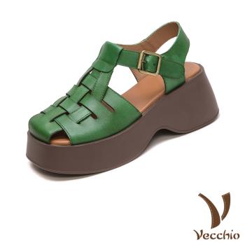 【VECCHIO】全真皮編織縷空鬆糕厚底涼鞋/全真皮頭層牛皮復古編織縷空鬆糕厚底涼鞋 女鞋 綠