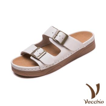 【VECCHIO】真皮經典復古皮帶釦飾厚底拖鞋/真皮頭層牛皮經典復古皮帶釦飾舒適厚底拖鞋 女鞋 杏