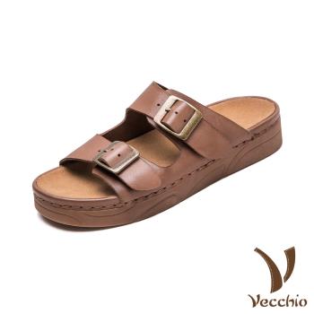 【VECCHIO】真皮經典復古皮帶釦飾厚底拖鞋/真皮頭層牛皮經典復古皮帶釦飾舒適厚底拖鞋 女鞋 棕
