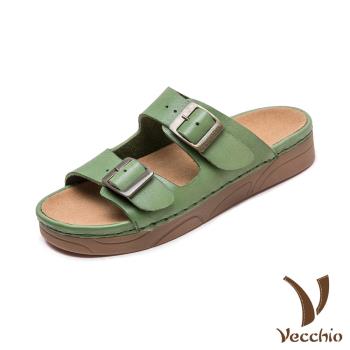【VECCHIO】真皮經典復古皮帶釦飾厚底拖鞋/真皮頭層牛皮經典復古皮帶釦飾舒適厚底拖鞋 女鞋 綠