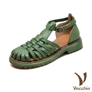 【VECCHIO】真皮豬籠縷空編織復古羅馬涼鞋/真皮頭層牛皮豬籠縷空編織復古百搭羅馬涼鞋 女鞋 綠