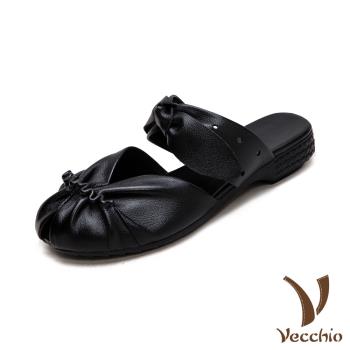 【VECCHIO】真皮皺褶花邊蝴蝶結低跟包頭拖鞋/真皮頭層牛皮皺褶花邊蝴蝶結一字帶設計低跟包頭拖鞋 女鞋 黑
