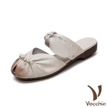 【VECCHIO】真皮皺褶花邊蝴蝶結低跟包頭拖鞋/真皮頭層牛皮皺褶花邊蝴蝶結一字帶設計低跟包頭拖鞋 女鞋 米