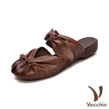 【VECCHIO】真皮皺褶花邊蝴蝶結低跟包頭拖鞋/真皮頭層牛皮皺褶花邊蝴蝶結一字帶設計低跟包頭拖鞋 女鞋 棕