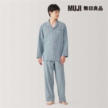 男無側縫二重紗織家居睡衣 藍直紋【MUJI 無印良品】