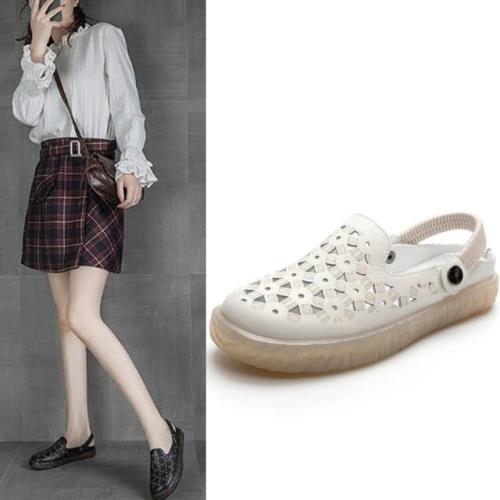 Taroko 文藝淑女全真牛皮鏤空透氣圓頭厚底2穿涼鞋(2色可選)