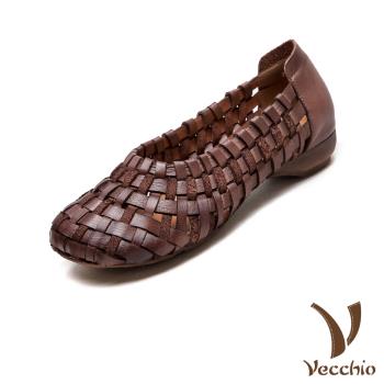 【VECCHIO】全真皮復古手工編織設計低跟鞋/全真皮頭層牛皮復古手工編織設計低跟鞋 女鞋 咖