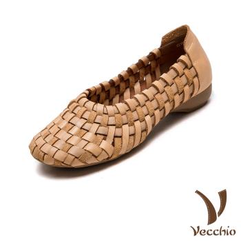 【VECCHIO】全真皮復古手工編織設計低跟鞋 /全真皮頭層牛皮復古手工編織設計低跟鞋 女鞋 卡其