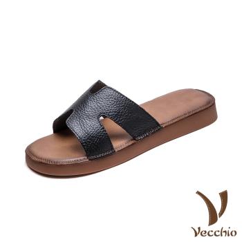 【VECCHIO】真皮經典H字造型平底拖鞋/真皮頭層牛皮百搭經典H字造型平底拖鞋 女鞋 黑