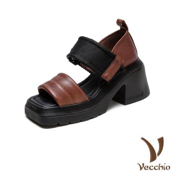 【VECCHIO】真皮撞色方頭防水臺厚底高跟涼鞋/真皮頭層牛皮撞色方頭防水臺厚底高跟涼鞋 女鞋 咖