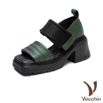 【VECCHIO】真皮撞色方頭防水臺厚底高跟涼鞋/真皮頭層牛皮撞色方頭防水臺厚底高跟涼鞋 女鞋 綠