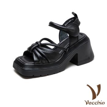 【VECCHIO】真皮撞色方頭蝴蝶結厚底高跟涼鞋/真皮頭層牛皮撞色方頭蝴蝶結繫帶防水臺厚底高跟涼鞋 女鞋 黑