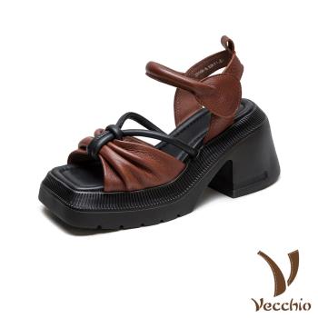 【VECCHIO】真皮撞色方頭蝴蝶結厚底高跟涼鞋/真皮頭層牛皮撞色方頭蝴蝶結繫帶防水臺厚底高跟涼鞋 女鞋 咖