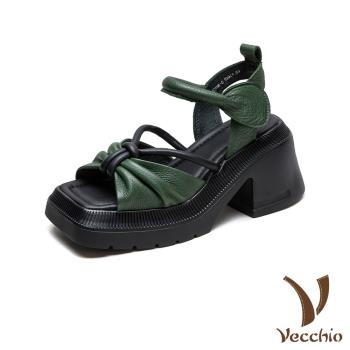 【VECCHIO】真皮撞色方頭蝴蝶結厚底高跟涼鞋/真皮頭層牛皮撞色方頭蝴蝶結繫帶防水臺厚底高跟涼鞋 女鞋 綠