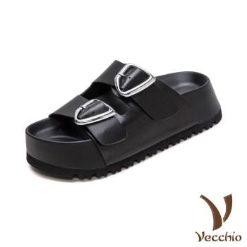 【VECCHIO】真皮幾何皮帶釦飾鬆糕厚底拖鞋/真皮頭層牛皮幾何皮帶釦飾鬆糕厚底拖鞋 女鞋 黑