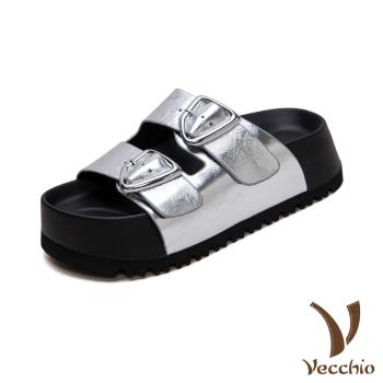 【VECCHIO】真皮幾何皮帶釦飾鬆糕厚底拖鞋/真皮頭層牛皮幾何皮帶釦飾鬆糕厚底拖鞋 女鞋 銀