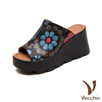 【VECCHIO】真皮彩色花朵皮雕厚底坡跟拖鞋/真皮頭層牛皮立體彩色花朵手工皮雕鬆糕厚底坡跟拖鞋 女鞋 黑