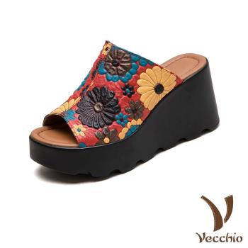 【VECCHIO】真皮彩色花朵皮雕厚底坡跟拖鞋/真皮頭層牛皮立體彩色花朵手工皮雕鬆糕厚底坡跟拖鞋 女鞋 紅