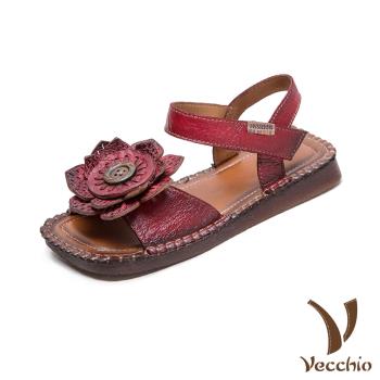 【VECCHIO】真皮立體太陽花朵方頭平底涼鞋/真皮頭層牛皮立體太陽花朵舒適方頭平底涼鞋 女鞋 紅