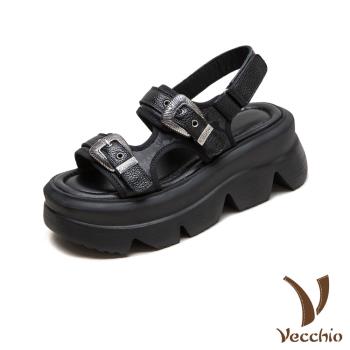 【VECCHIO】真皮復古金屬釦鬆糕厚底休閒涼鞋/真皮頭層牛皮復古金屬釦飾鬆糕厚底休閒涼鞋 女鞋 黑