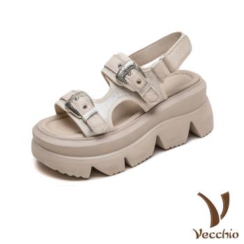 【VECCHIO】真皮復古金屬釦鬆糕厚底休閒涼鞋/真皮頭層牛皮復古金屬釦飾鬆糕厚底休閒涼鞋 女鞋 米